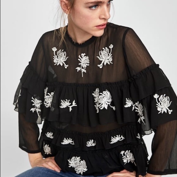 NWT Zara RARE Embroidered Tulle Floral Black Tiered Blouse Top Size M Medium - Picture 2 of 12